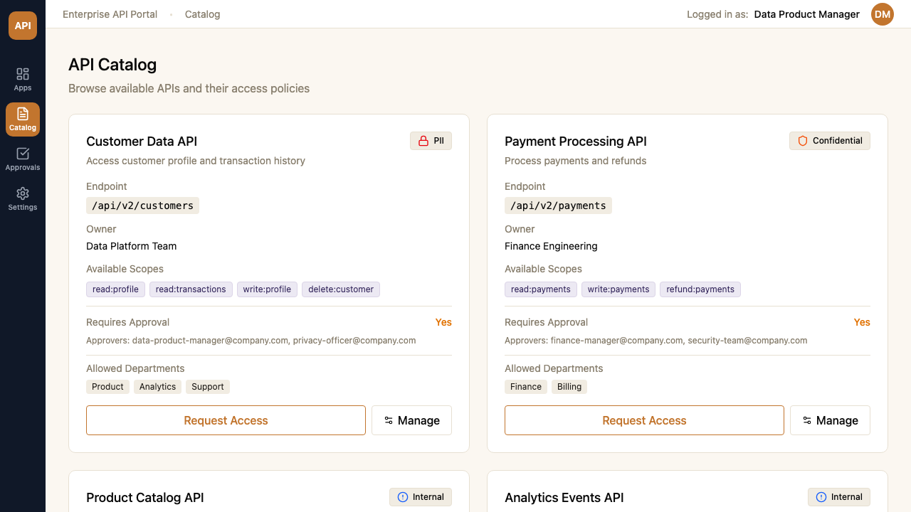 API Catalog: browsable APIs with scopes, owners, and access policies (representative recreation)