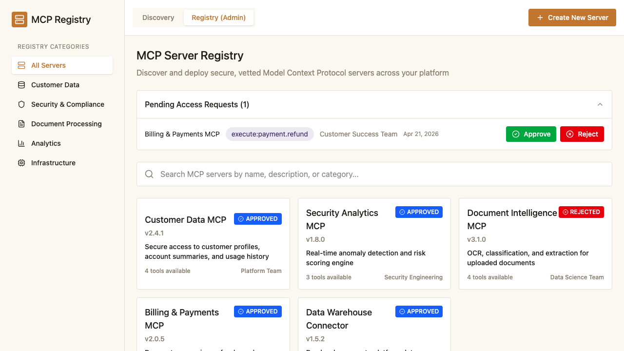 MCP Server Registry admin view: approved, pending, and rejected servers (representative recreation)