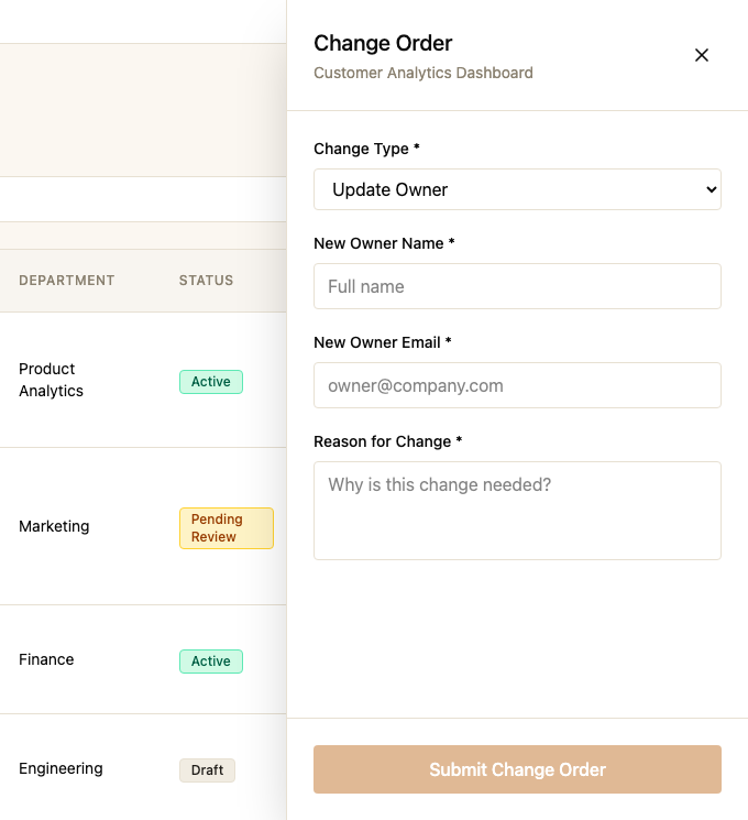 Design B, the real winning pattern: the change-order side panel where you select a change type, fill in just the fields it needs, and submit (representative recreation)