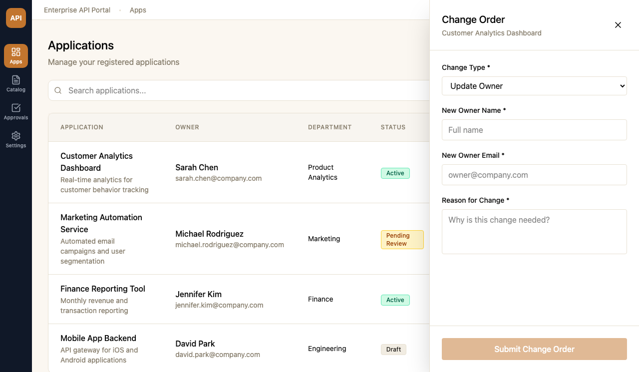 The change-order side panel: select a change type, fill in just the fields it needs, submit (representative recreation)