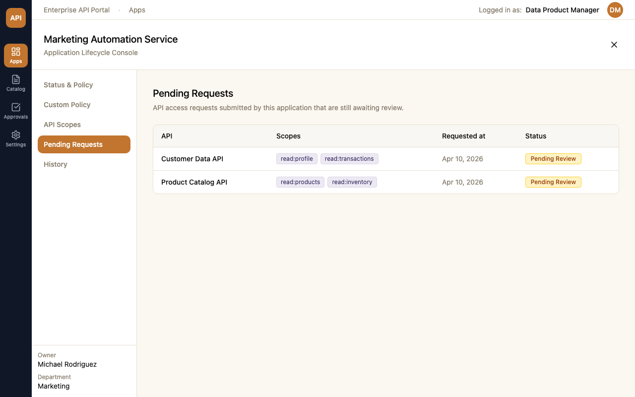 An app owner's own Pending Requests view: every outstanding request tied to their application, with nothing left to chase down manually (representative recreation)