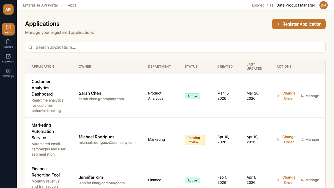 Applications list with Change Order actions for each registered app (representative recreation)