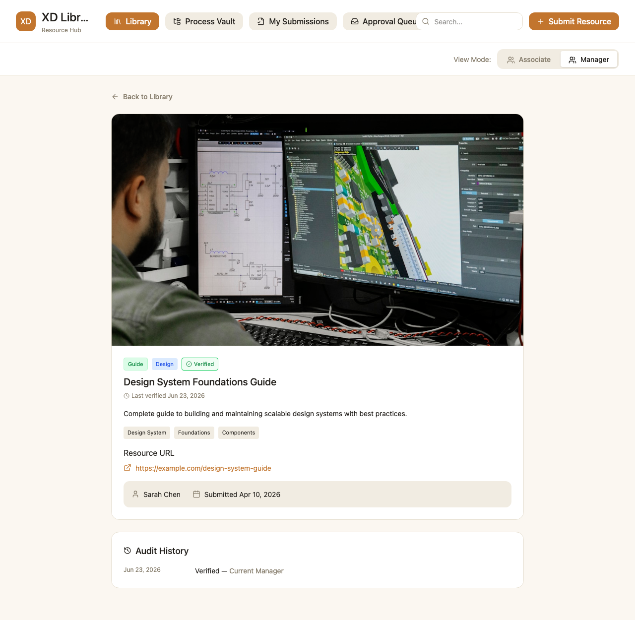 A resource's full detail view, with contributor info and review history together in one place (representative recreation)