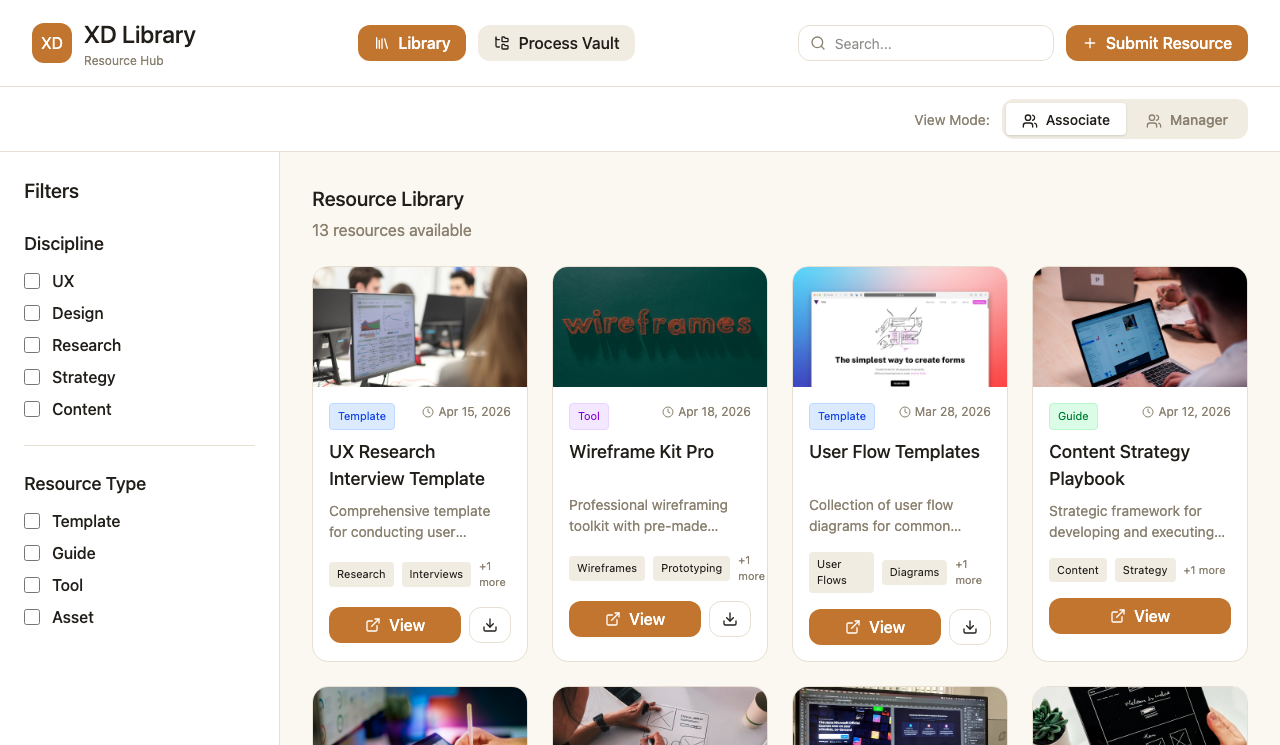 The resource library, filterable by design discipline and resource type (representative recreation)